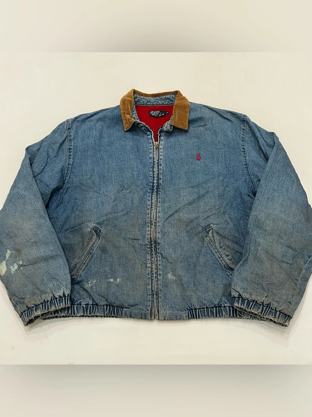 Vtg Polo Ralph Lauren Denim Harrington Bomber Jacket Red Flannel Lining Sz Large